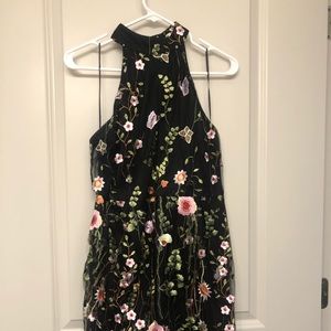 Black party dress with floral lace overlay